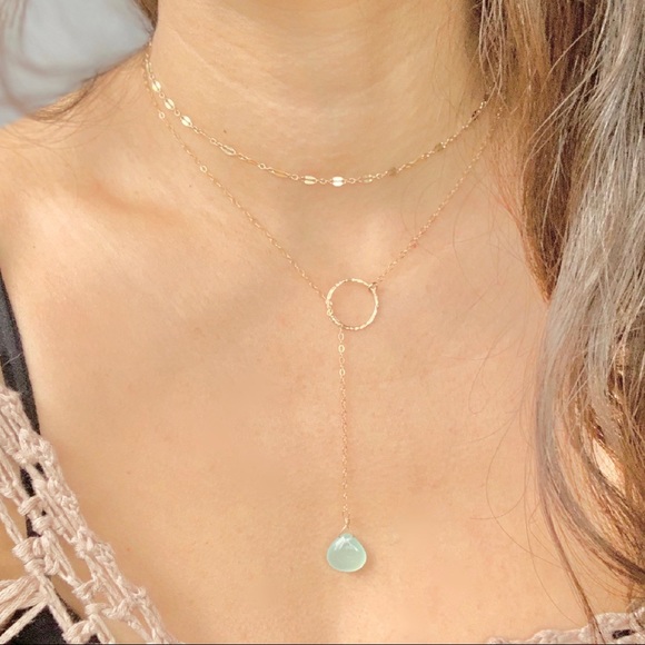 Handmade Jewelry - Aqua Chalcedony Lariat Y Necklace Gold Filled 925